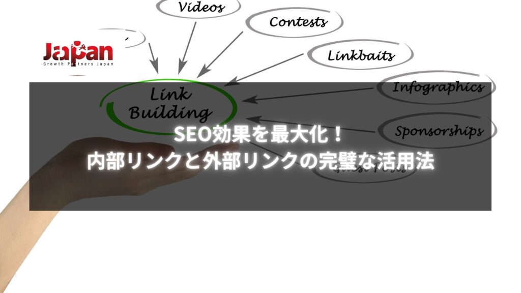 手の上に「Link Building」と書かれた図が描かれており、「Videos」「Contests」「Linkbaits」「Infographics」「Sponsorships」など、リンク構築の方法が示されています。下には「SEO効果を最大化！内部リンクと外部リンクの完璧な活用法」というテキストが表示されています。ホームページの集客を強化するためのSEOリンク戦略を伝える画像。