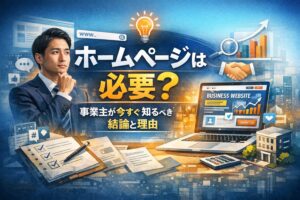 ホームページは必要か悩む事業主が、集客と信頼構築について考えているイメージ画像