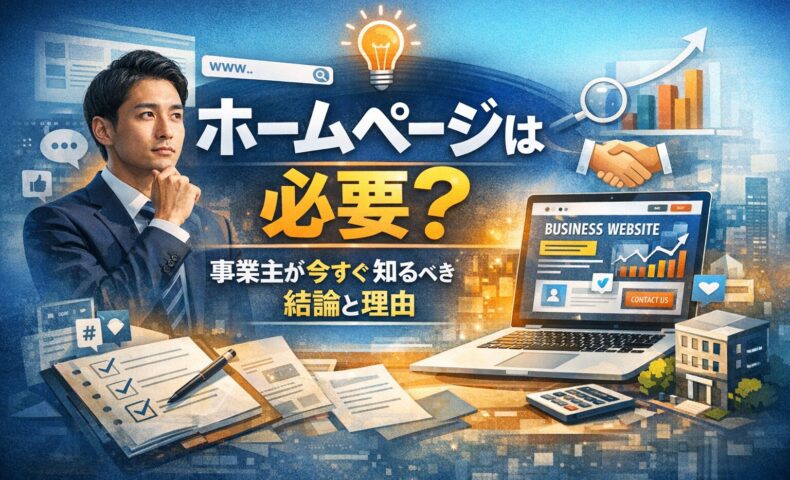 ホームページは必要か悩む事業主が、集客と信頼構築について考えているイメージ画像