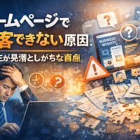 ホームページで集客できず悩む事業主が、原因や盲点に気づいていない様子を表したイメージ画像