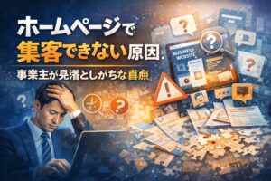 ホームページで集客できず悩む事業主が、原因や盲点に気づいていない様子を表したイメージ画像