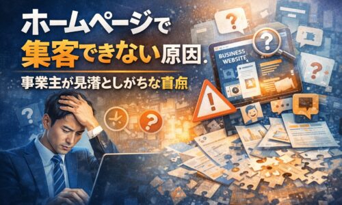 ホームページで集客できず悩む事業主が、原因や盲点に気づいていない様子を表したイメージ画像