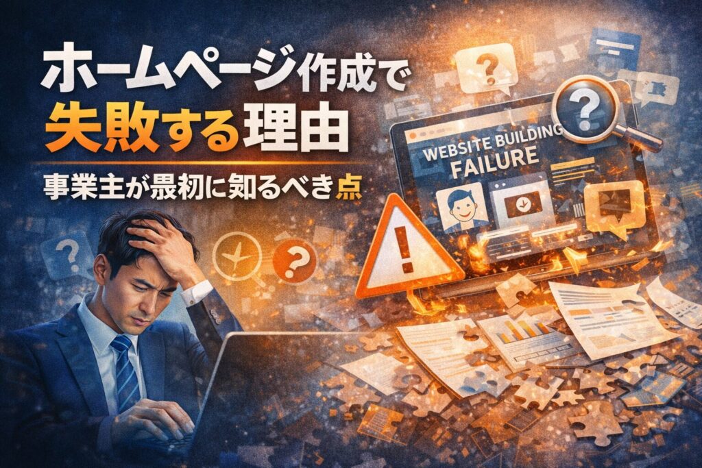 ホームページ作成で失敗し、原因が分からず悩む事業主の様子を表したイメージ画像