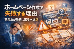 ホームページ作成で失敗し、原因が分からず悩む事業主の様子を表したイメージ画像