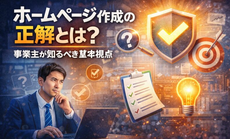 ホームページ作成の正解が分からず、事業の方向性を考える事業主を表したイメージ画像
