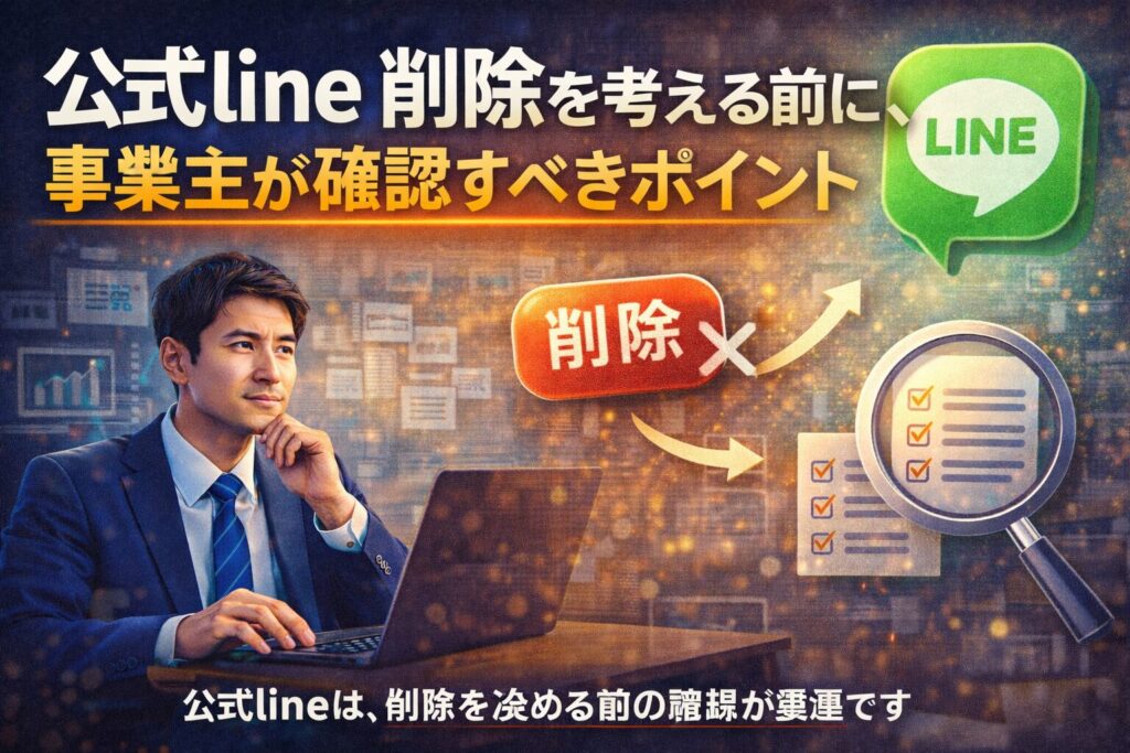 公式LINEを削除するか悩む事業主が、判断ポイントを確認しているイメージ画像