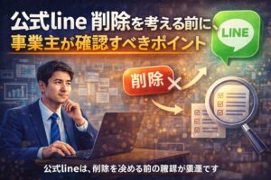 公式LINEを削除するか悩む事業主が、判断ポイントを確認しているイメージ画像