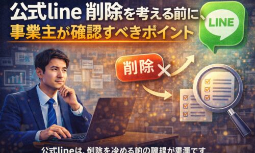 公式LINEを削除するか悩む事業主が、判断ポイントを確認しているイメージ画像