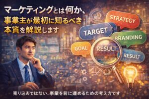 マーケティングの本質を考える事業主が、戦略やターゲットを整理しているイメージ画像