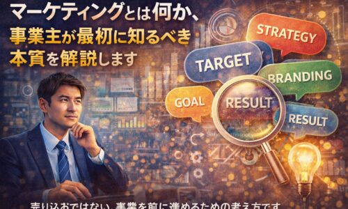 マーケティングの本質を考える事業主が、戦略やターゲットを整理しているイメージ画像