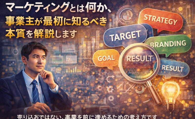 マーケティングの本質を考える事業主が、戦略やターゲットを整理しているイメージ画像