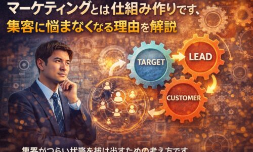 マーケティングを仕組みとして考え、集客の流れを整理している事業主のイメージ画像