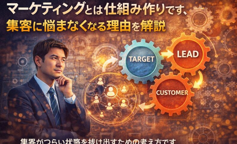 マーケティングを仕組みとして考え、集客の流れを整理している事業主のイメージ画像