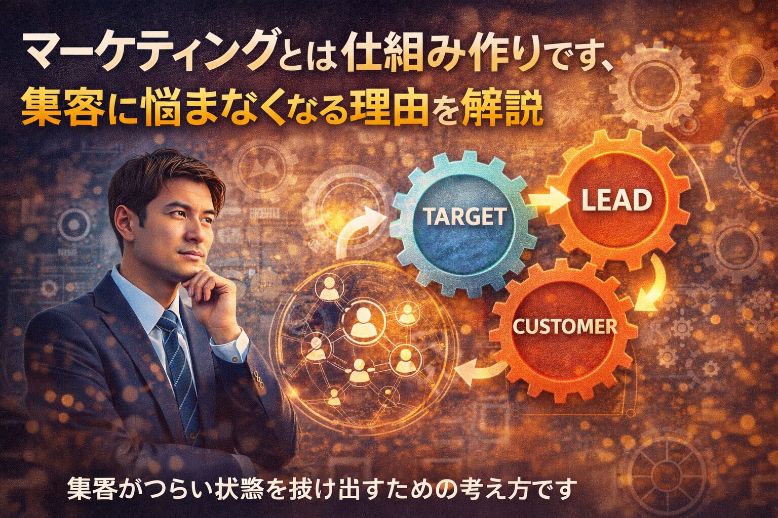 マーケティングを仕組みとして考え、集客の流れを整理している事業主のイメージ画像