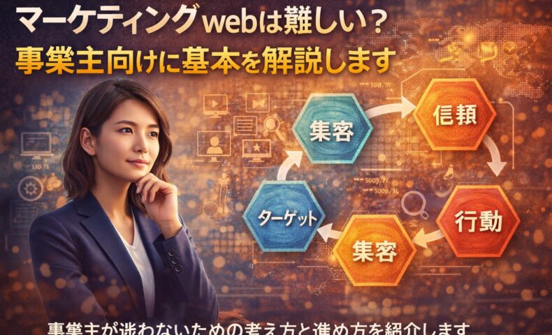 マーケティングwebの基本を理解しようと考える女性事業主が、集客の仕組みを整理しているイメージ画像