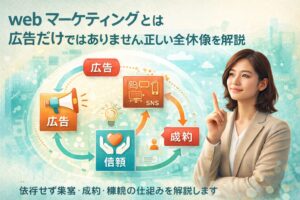 webマーケティングとは何かを広告以外の視点から分かりやすく解説する女性事業主のイメージ画像