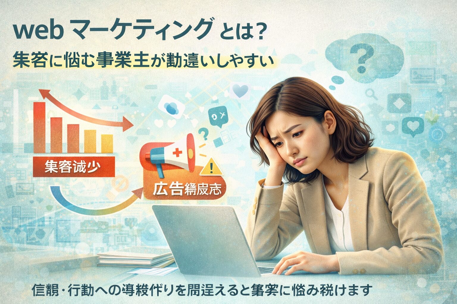 webマーケティングで集客に悩む事業主が原因を考えているイメージのアイキャッチ画像