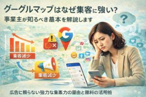 グーグルマップ集客がうまくいかず悩む事業主がスマートフォンを見ながら原因を考えているイメージ画像