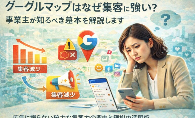 グーグルマップ集客がうまくいかず悩む事業主がスマートフォンを見ながら原因を考えているイメージ画像