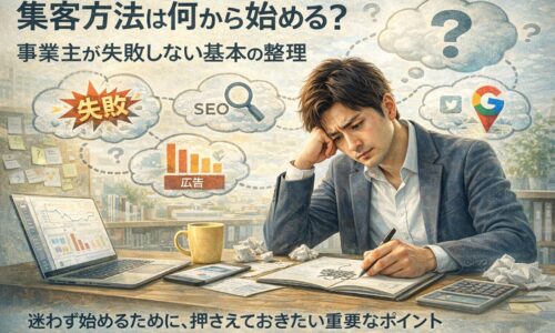 WEB集客に悩み、集客方法の方向性に迷う事業主が考え込んでいる様子