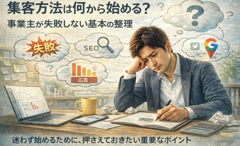 WEB集客に悩み、集客方法の方向性に迷う事業主が考え込んでいる様子