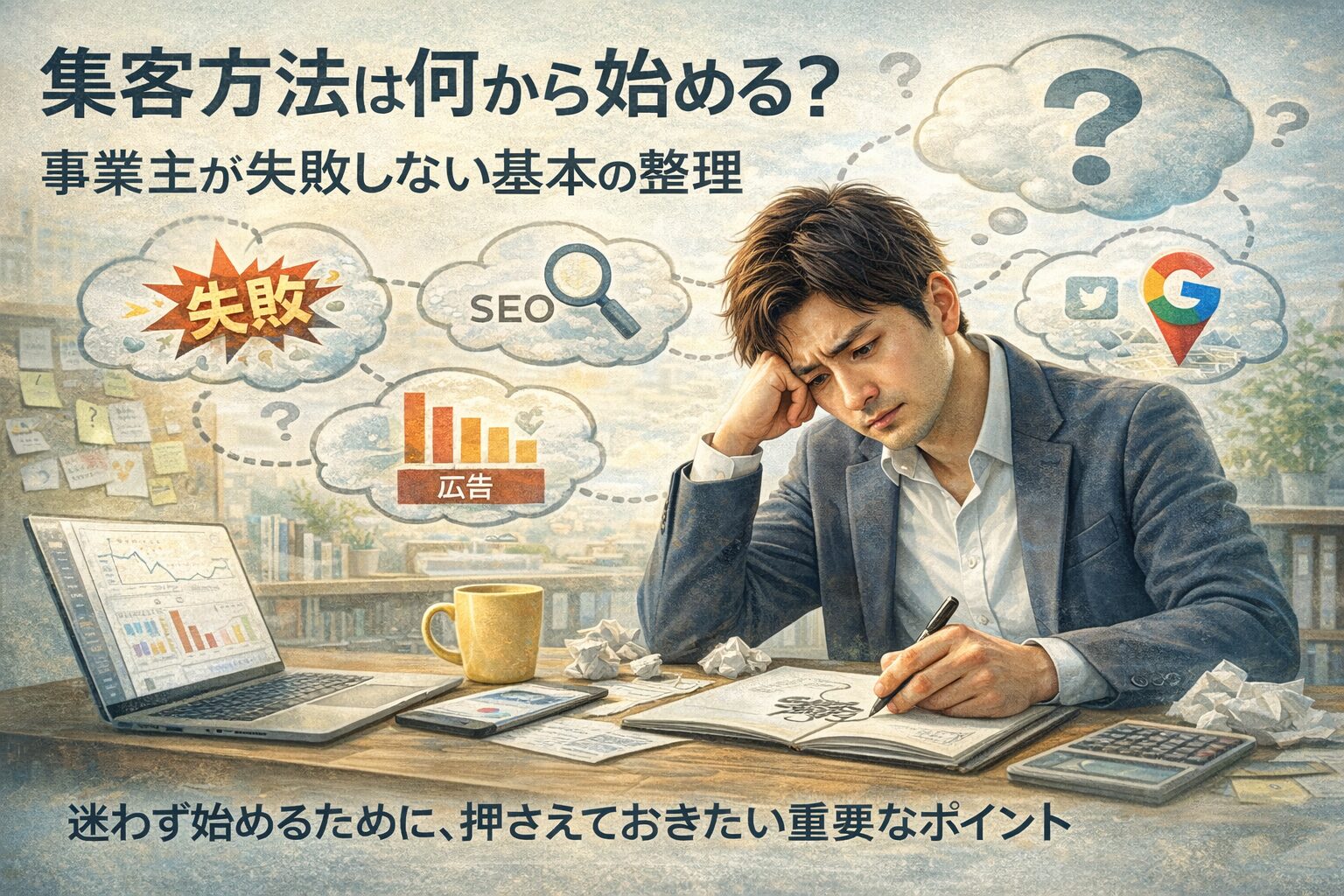 WEB集客に悩み、集客方法の方向性に迷う事業主が考え込んでいる様子