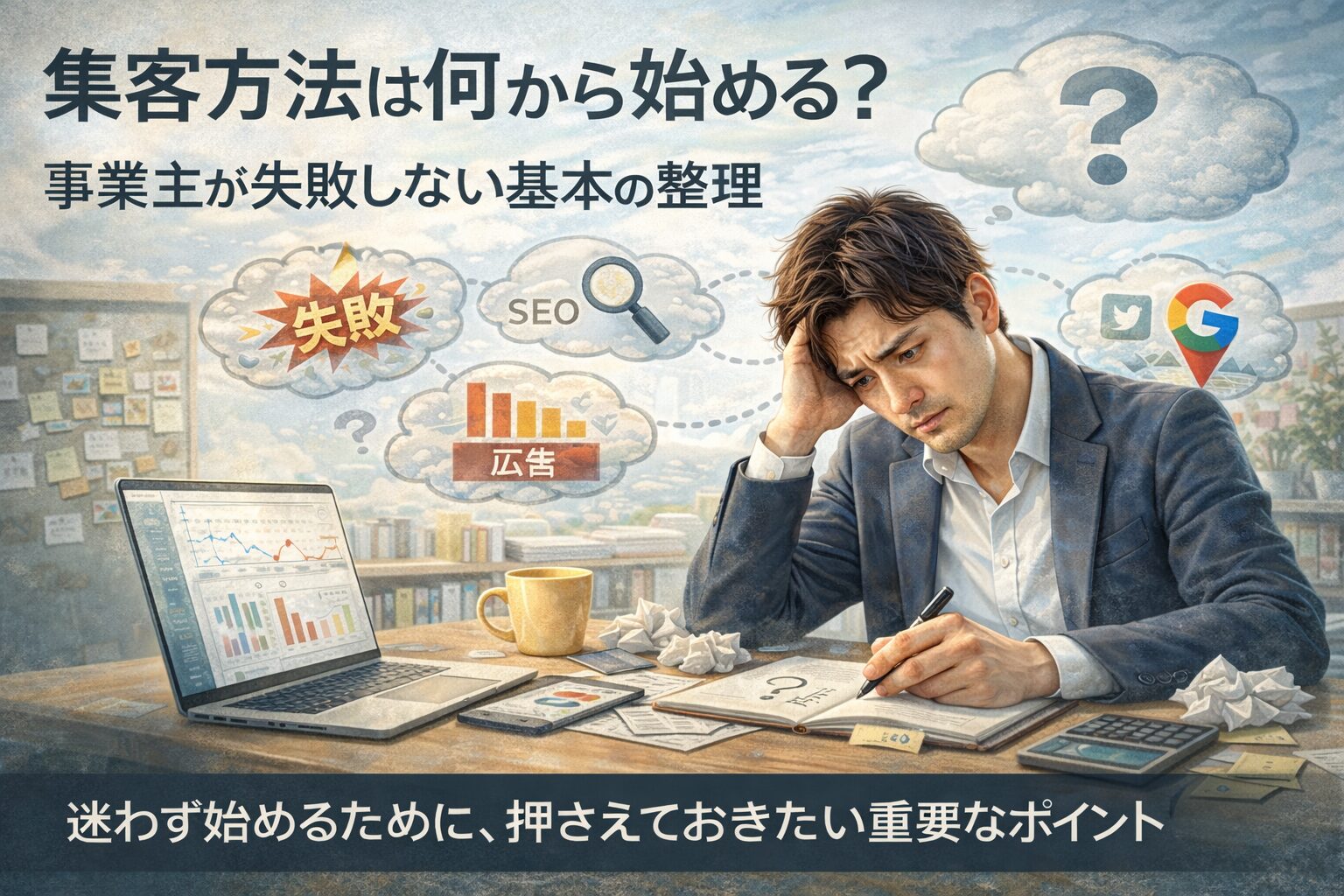 WEB集客に悩み、集客方法の方向性に迷っている事業主のイメージ