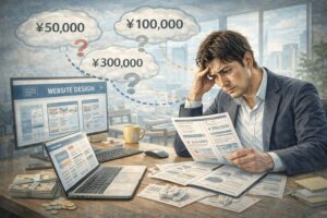 ホームページ制作 相場に悩み、見積もりを比較しながら判断に迷う事業主のイメージ