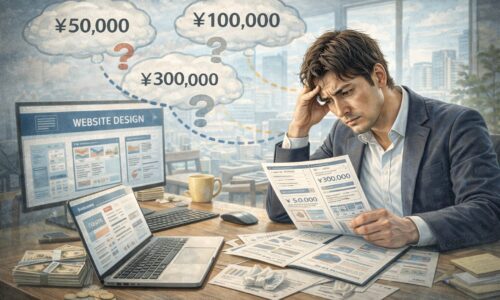 ホームページ制作 相場に悩み、見積もりを比較しながら判断に迷う事業主のイメージ