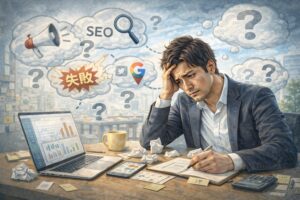 WEB集客に悩み、集客方法をどう始めるべきか迷っている事業主のイメージ