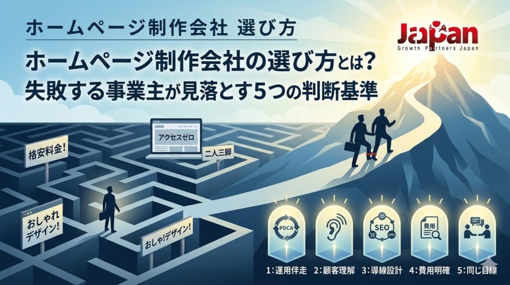 ホームページ制作会社の選び方を解説する記事のアイキャッチ画像。迷路や山道を背景に、失敗する事業主が見落とす5つの判断基準を表現している