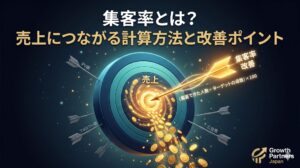 集客率とは何かをテーマに、PV数や広告費ではなく売上につながる集客率改善を的に矢が当たるイメージで表現した記事アイキャッチ画像