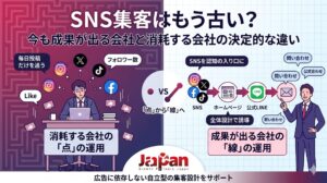 「SNS集客はもう古い」と言われる理由を図解。毎日投稿を追う「点」の運用で消耗する会社と、ホームページや公式LINEへ「線」で誘導し成果を出す会社の違い。