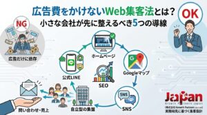 広告費をかけないWeb集客法の全体像。広告依存のNG例に対し、ホームページ、Googleマップ、SEO、SNS、公式LINEの5つを連携させ、自立型の集客基盤を作る仕組みの図解。