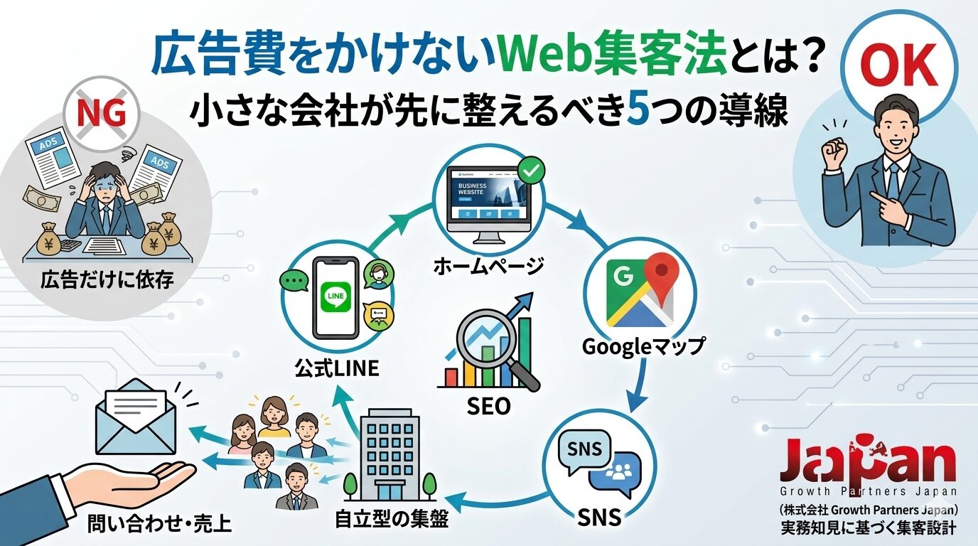広告費をかけないWeb集客法の全体像。広告依存のNG例に対し、ホームページ、Googleマップ、SEO、SNS、公式LINEの5つを連携させ、自立型の集客基盤を作る仕組みの図解。