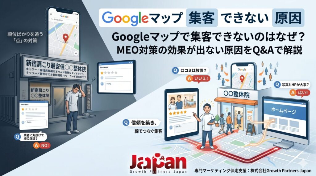 Googleマップで集客できない原因を、口コミ放置・写真不足・ホームページ導線の問題から解説するアイキャッチ画像