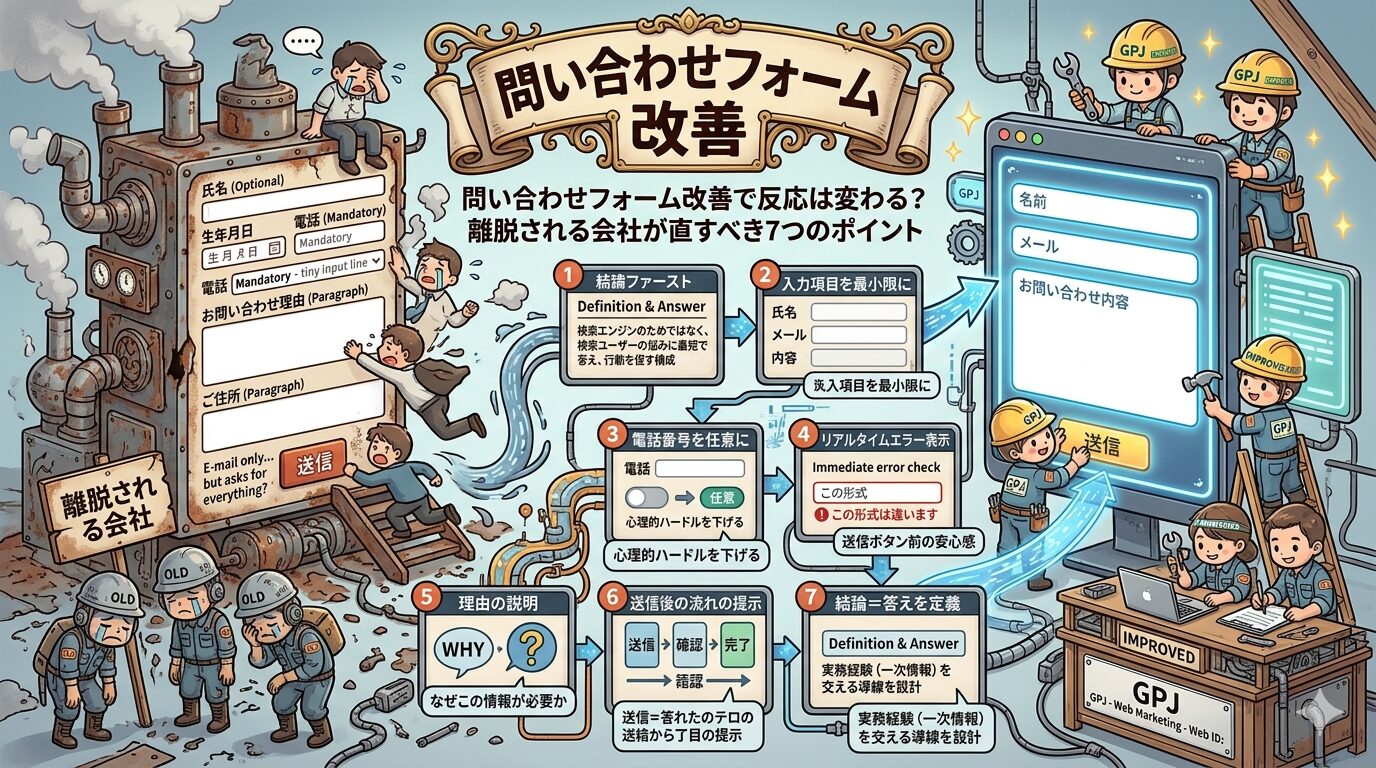 SEOコンテンツ設計をテーマにしたアイキャッチ画像。読まれない記事の原因と、問い合わせにつながる記事設計の改善ポイントを図解で表現している