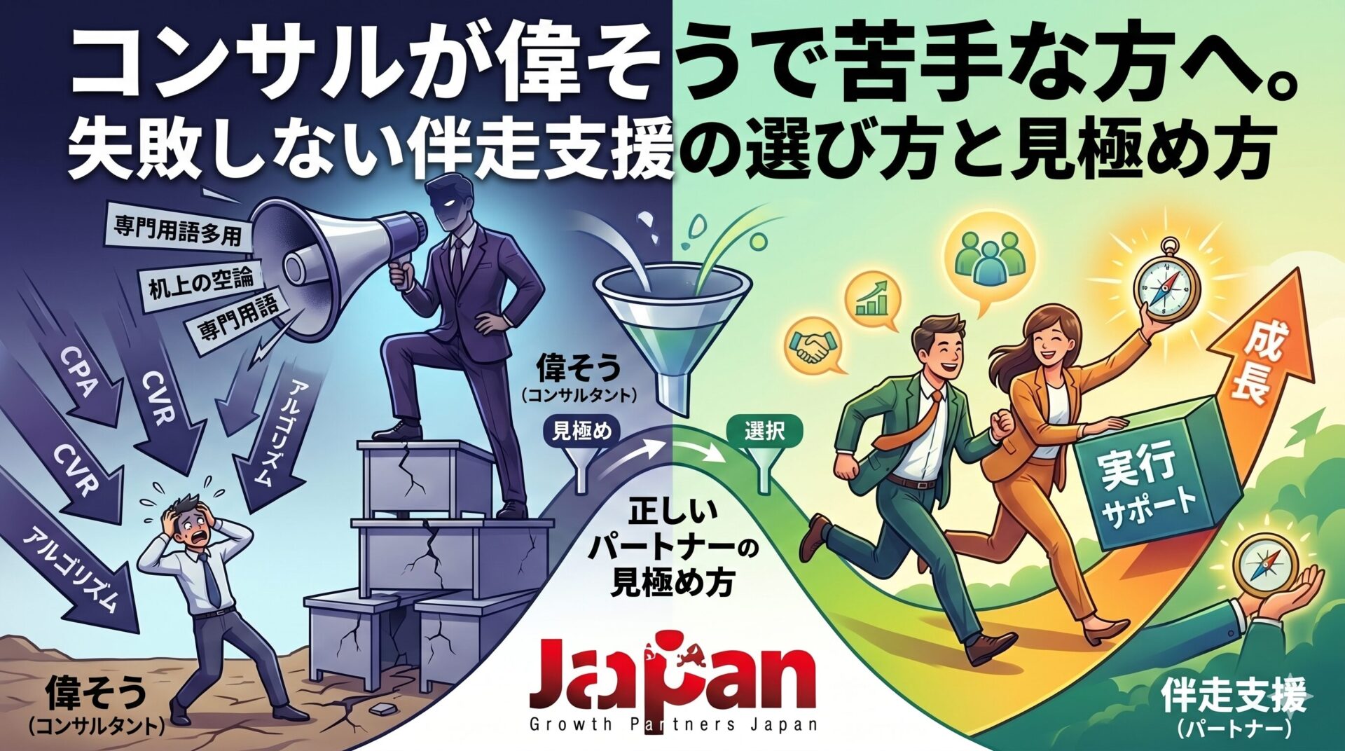 コンバージョンを上げる方法 アパレル 店舗のテーマに対して、支援者選びと実行サポートの重要性を対比的に表現したアイキャッチ画像