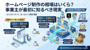 ホームページ制作の相場を10万〜30万円と50万〜150万円で比較し、集客導線設計やSEO・MEO対策の有無による違いを図解したアイキャッチ画像
