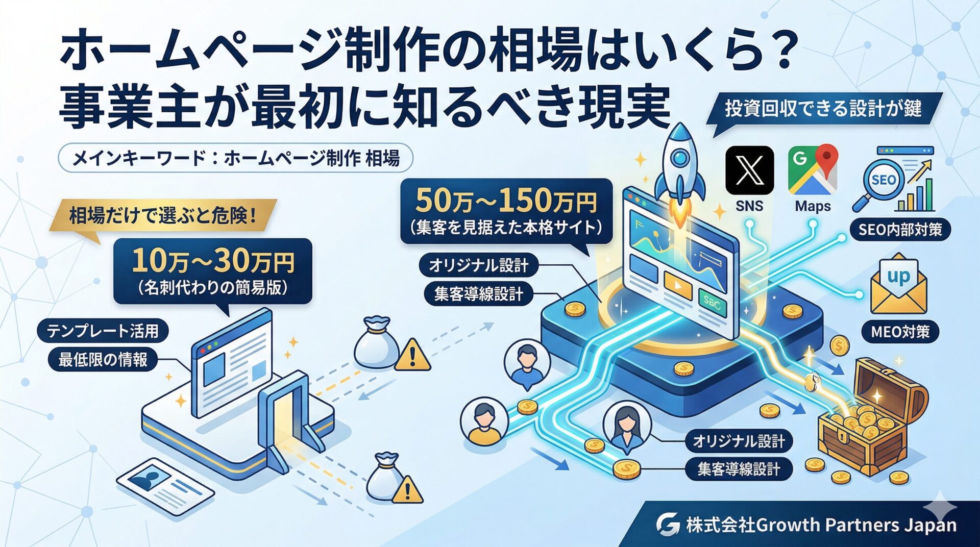 ホームページ制作の相場を10万〜30万円と50万〜150万円で比較し、集客導線設計やSEO・MEO対策の有無による違いを図解したアイキャッチ画像