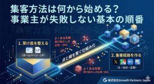 集客方法は何から始めるべきかを、受け皿となるホームページ・LPと、集客経路となるX・Google Maps・SEO・広告の順で図解したアイキャッチ画像