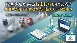 お客さんが来るおまじないをテーマに、神頼みやスピリチュアルとWeb導線設計の違いを対比し、集客が安定する仕組みを表現した記事アイキャッチ画像