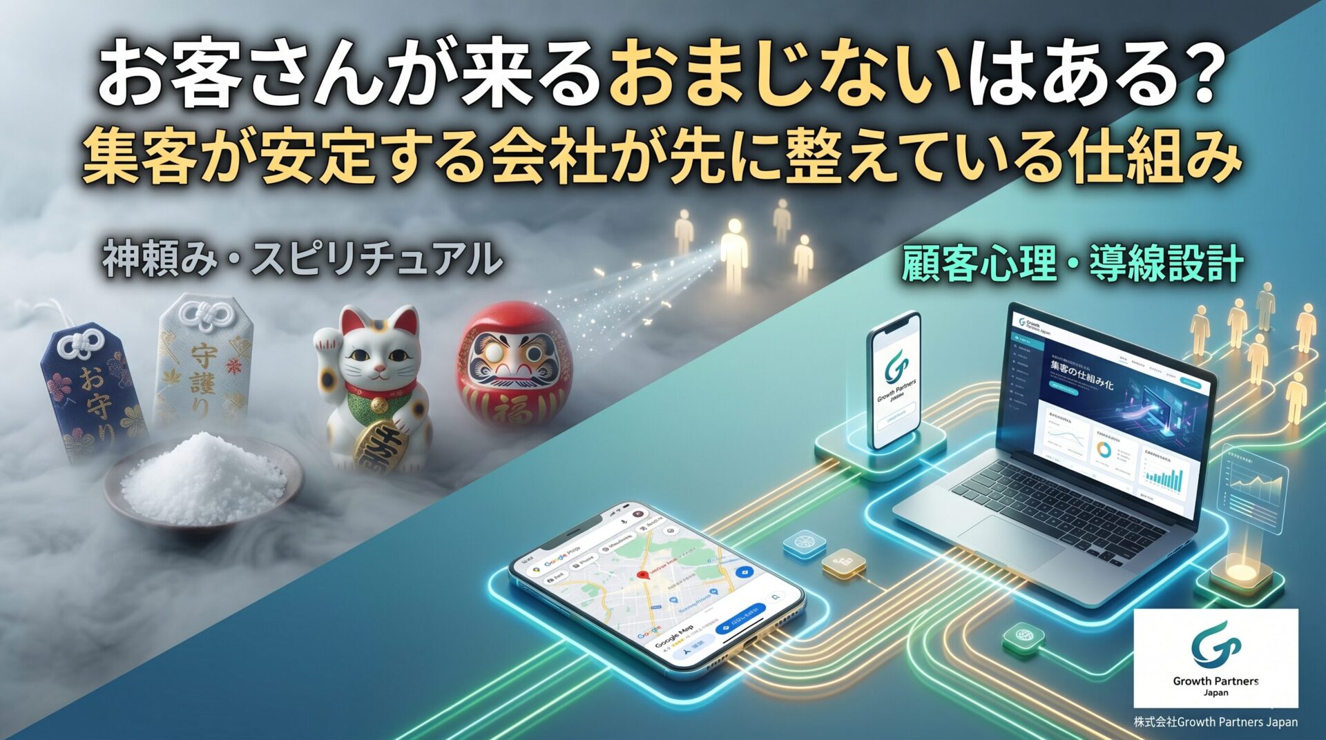 お客さんが来るおまじないをテーマに、神頼みやスピリチュアルとWeb導線設計の違いを対比し、集客が安定する仕組みを表現した記事アイキャッチ画像