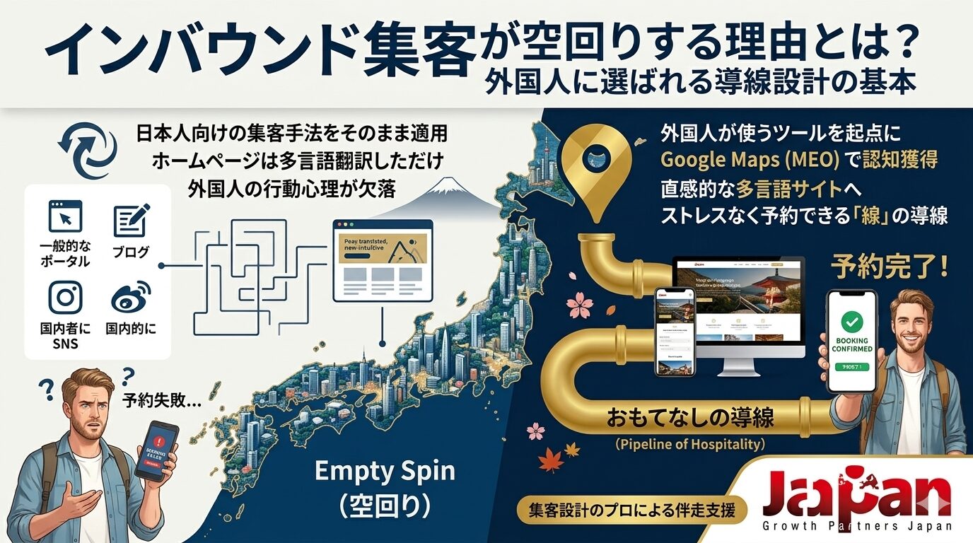 左側の予約失敗に終わる日本人向け手法の流用と、右側のGoogle Mapsから多言語サイトへつながる予約完了までの正しい導線設計を対比した図解。
