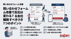 問い合わせフォーム改善をテーマにしたアイキャッチ画像。離脱フォームと改善後のCVフォームを比較し、反応を変える7つの改善ポイントを視覚的に整理している