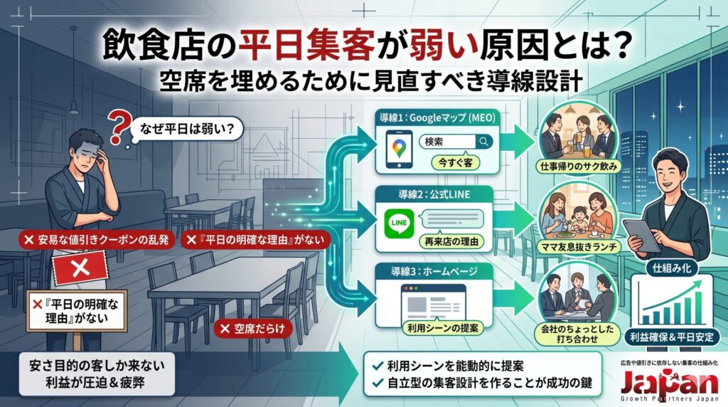 飲食店の平日集客が弱い原因と、Googleマップ・公式LINE・ホームページで空席を埋める導線設計を表した画像