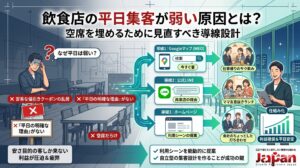 飲食店の平日集客が弱い原因と、Googleマップ・公式LINE・ホームページで空席を埋める導線設計を表した画像