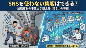 SNSを使わない集客として、投稿疲れから資産型のWeb集客導線へ切り替える流れを表したアイキャッチ画像