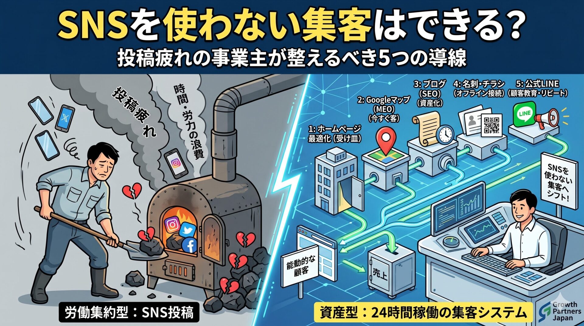 SNSを使わない集客として、投稿疲れから資産型のWeb集客導線へ切り替える流れを表したアイキャッチ画像